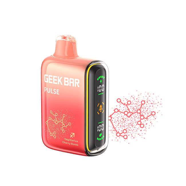 Geek Bar Pulse 15K Zodiac Edition vape, featuring Sagittarius Cherry Bomb flavor and digital display, offering 15,000 puffs.