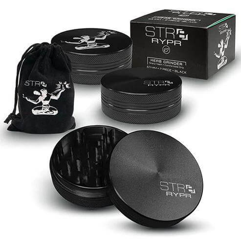 STR8 Rypr 63mm 2PC herb grinder set with sleek black design, showcasing open grinder and packaging.