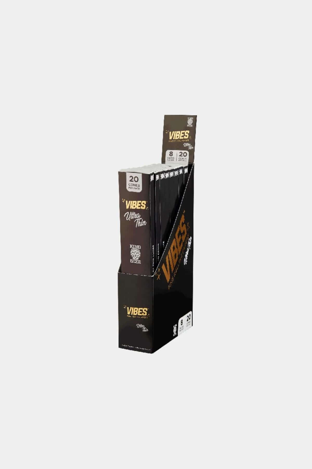 Vibes Cone King Size pack with 20 pre-rolled cones, featuring Ultra Thin design for premium smoking experience.