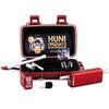 Huni Badger Portable Device in a red case with accessories for consuming herbal extracts, featuring a sleek design and logo.