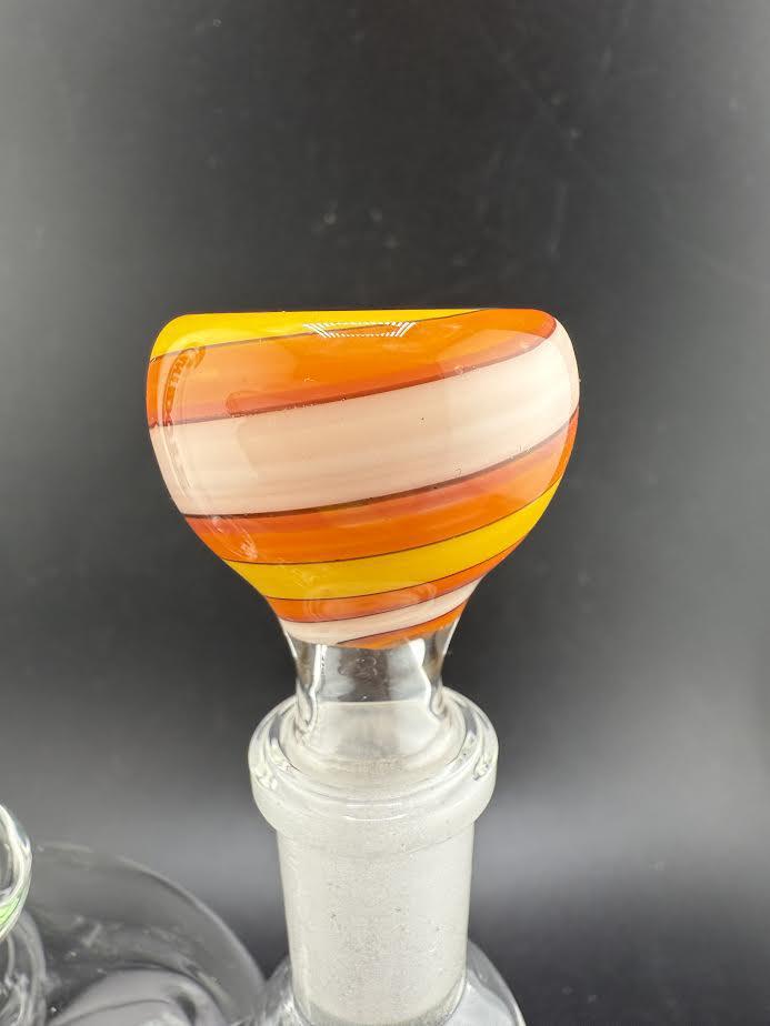 Filla John Glass Basic Wig Wag 14mm Bowl featuring vibrant orange and yellow swirl patterns.
