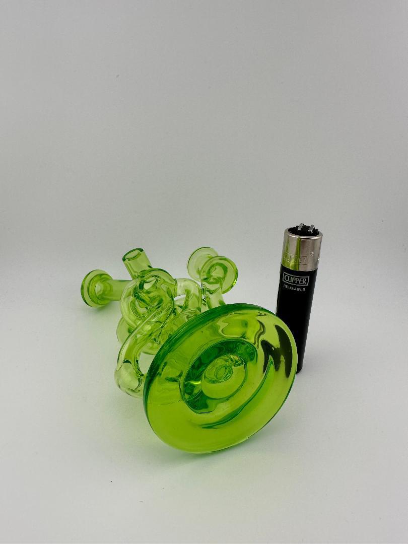 Domer Glass Double Drain Quad Uptake Mini Recycler in green, compact design with Bubble Dumper for smooth hits.