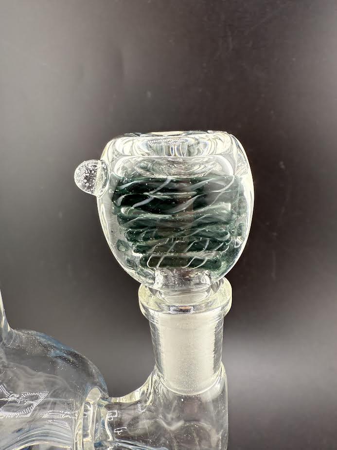 14mm flat face bowl piece in clear glass with green swirl design, perfect for standard water pipes.