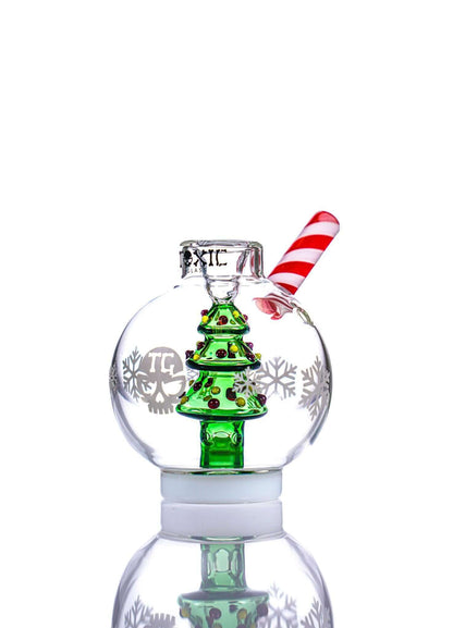 Toxic Glass 3" Snowball Bubbler with Christmas tree design and striped straw, perfect for smooth smoking hits.