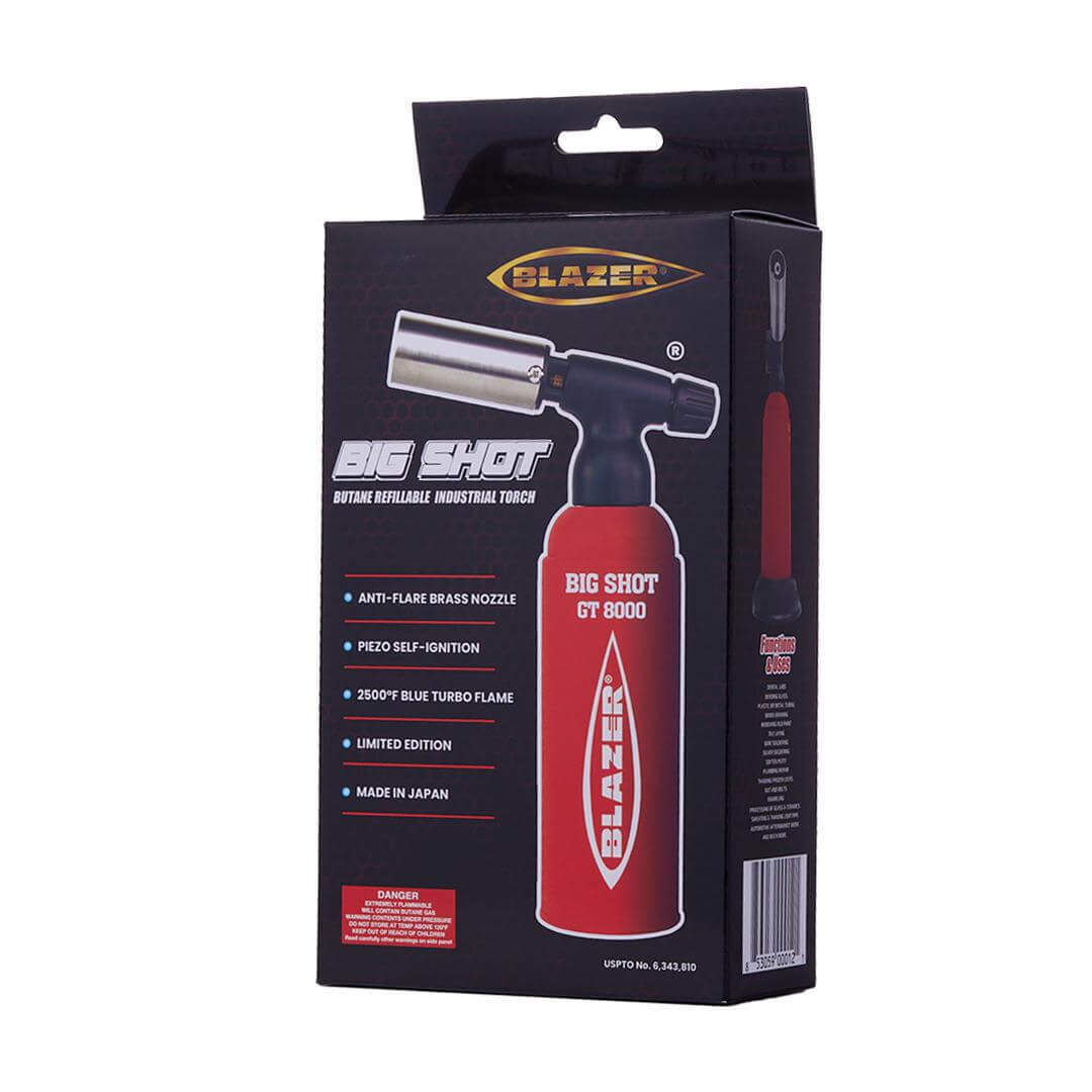 Blazer Big Shot GT8000 Butane Torch packaging showcasing precision design and features, made in Japan.