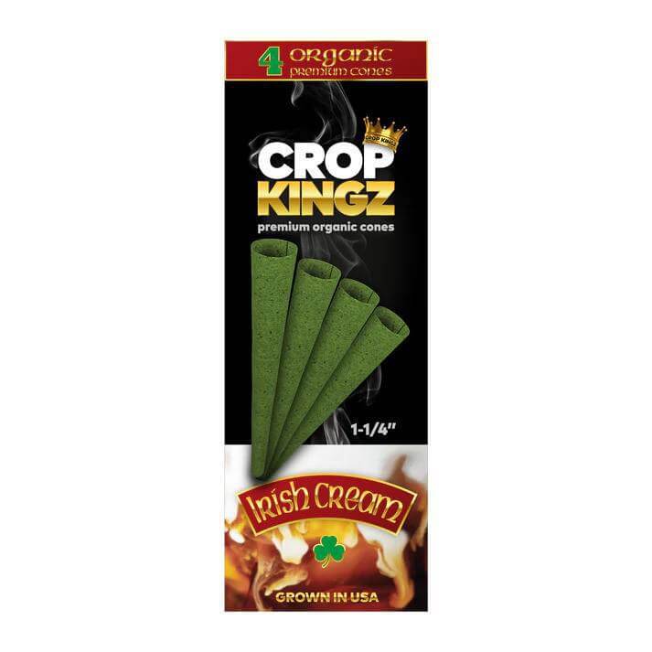 Crop Kingz Organic Hemp Cones 1 1/4 Size, 4-pack, featuring Irish Cream flavor for a premium smoking experience.