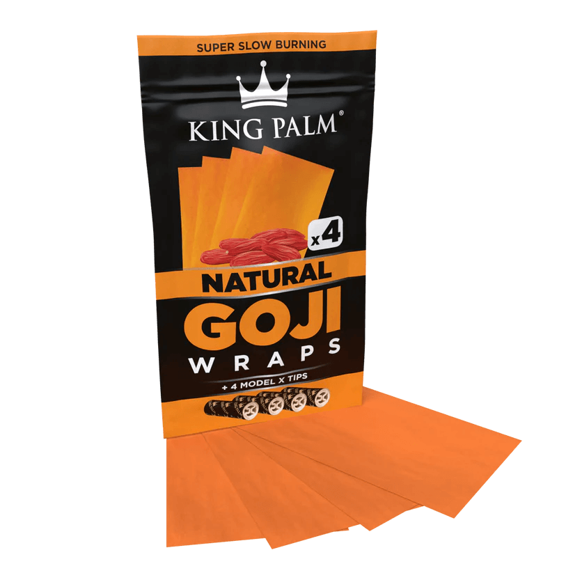 King Palm 4-pack mango flavored goji wraps with Model X tips in vibrant packaging.