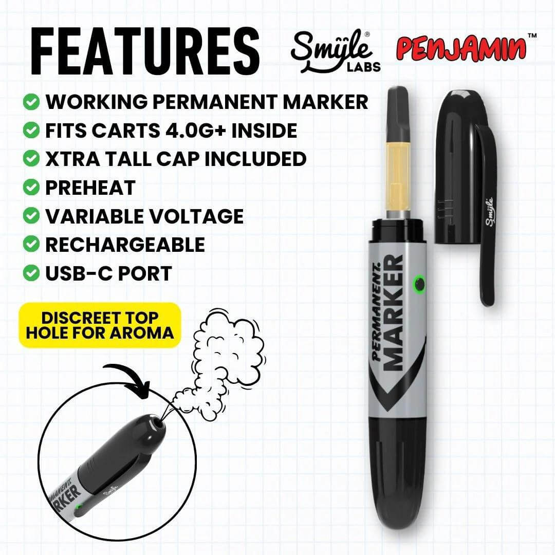 Smyle Penjamin Permanent Marker showcasing features like variable voltage, USB-C port, and discreet aroma hole.