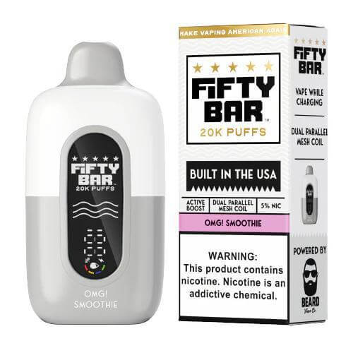 Fifty Bar 20K Disposable vape device in OMG! Smoothie flavor with sleek design and performance features.