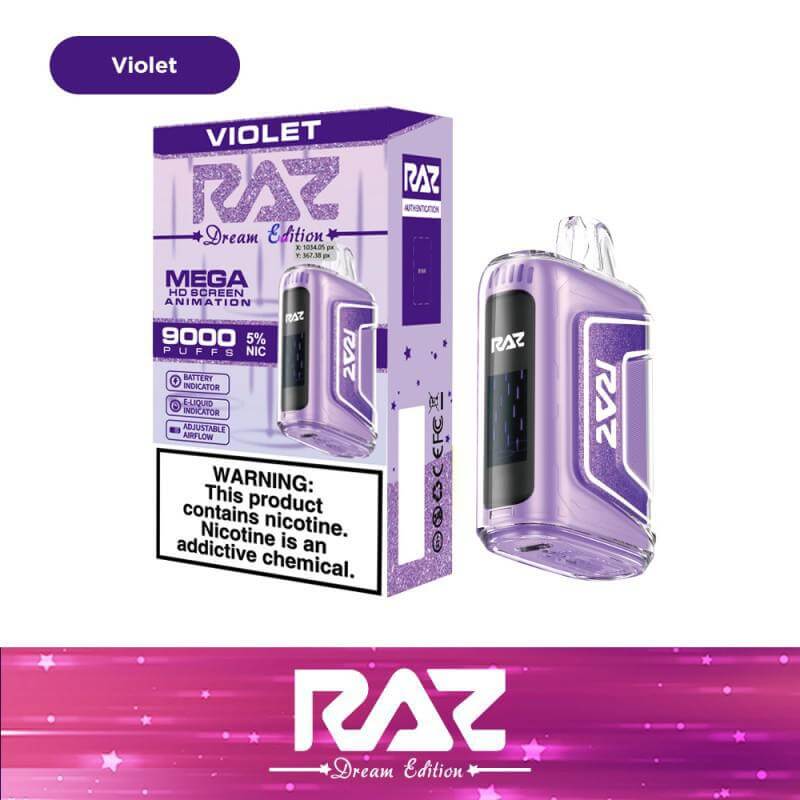 Raz TN9000 Violet Disposable Vape, Dream Edition, 9000 puffs, 5% nicotine strength, stylish design.