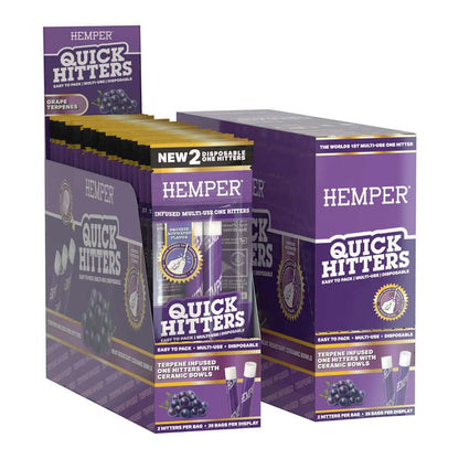 Hemper Quick Hitters display box featuring flavor-infused disposable one hitters in grape terpenes.