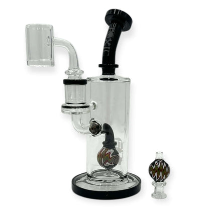 Toxic Glass Wig Wag Reactor Rig TX22, 7" tall with intricate wig wag percolator and matching carb cap for smooth dabbing.