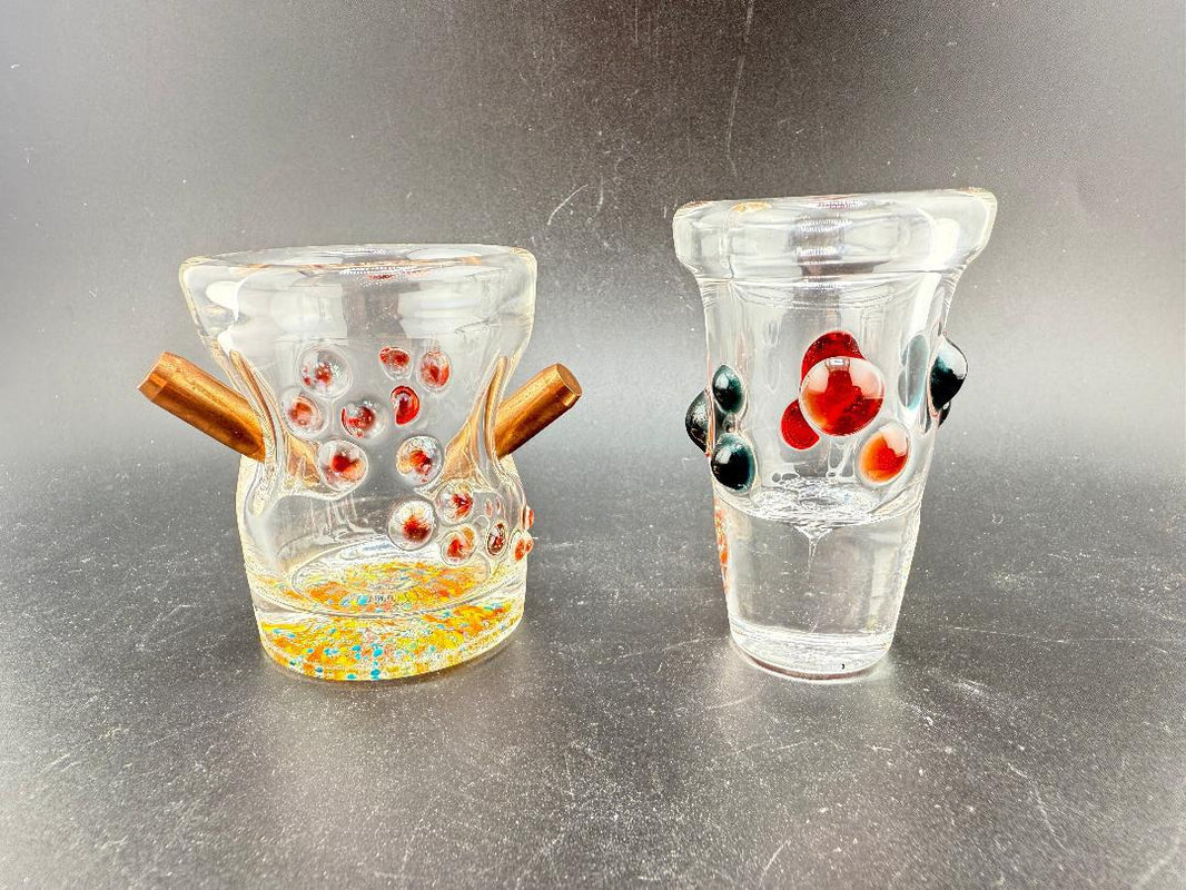 Paulson Pieces Shot Glass - Handcrafted barware from Spokane, featuring artistic dot designs and vibrant colors.