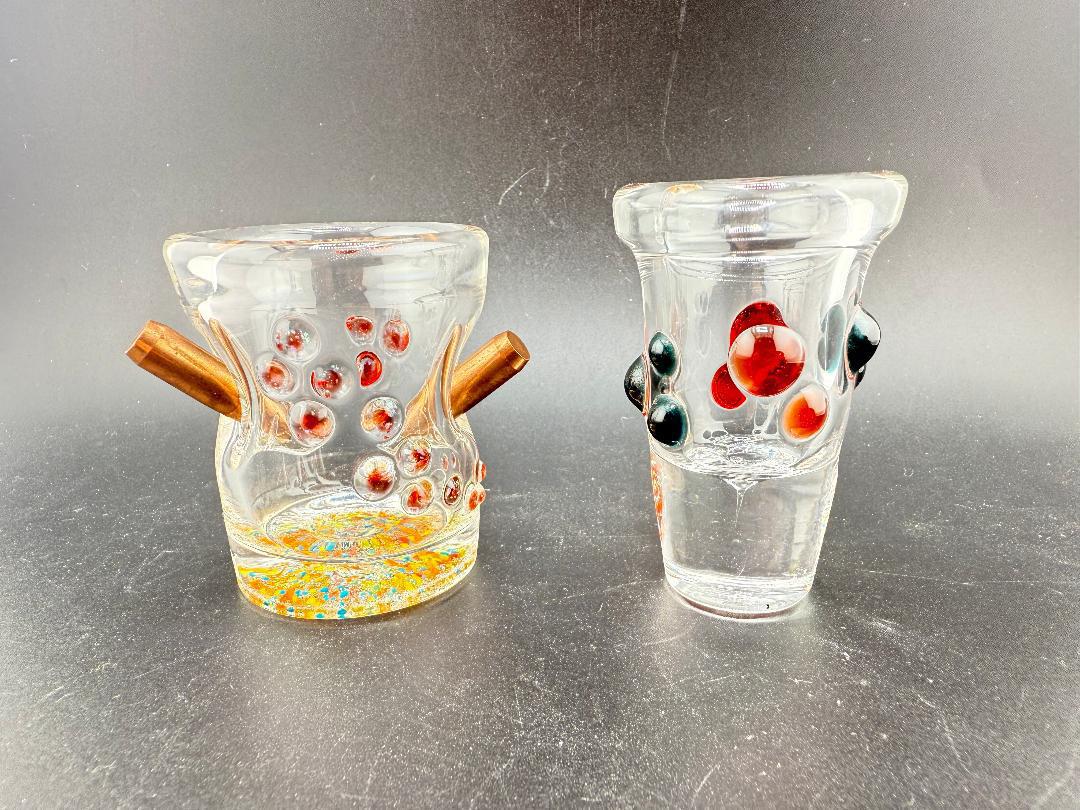 Paulson Pieces Shot Glass - Handcrafted barware from Spokane, featuring artistic dot designs and vibrant colors.