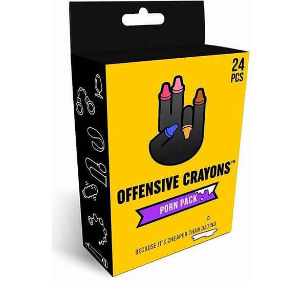 Offensive Crayons 24pc box featuring cheeky names, perfect for adult coloring fun and creativity.