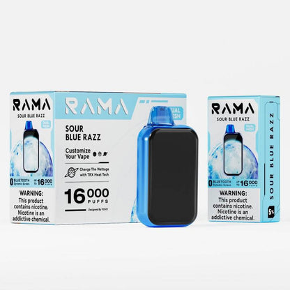 RAMA 16,000 Disposable Vape Sour Blue Razz with customizable features and 5% nicotine strength.