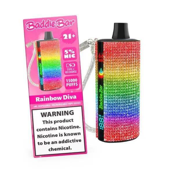 Baddie Bar 15k Disposable Vape in Rainbow Diva design with rhinestones and warning label for nicotine content.