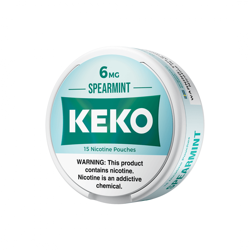 Keko Nicotine Pouches in Spearmint flavor, 6mg strength, offering 15 pouches per can. Warning: contains nicotine.