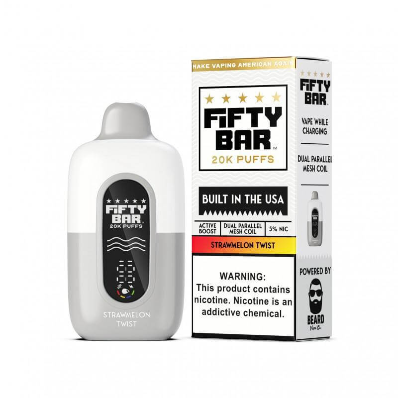 Fifty Bar 20K Disposable in Strawmelon Twist flavor, showcasing sleek design and 5% nicotine strength.