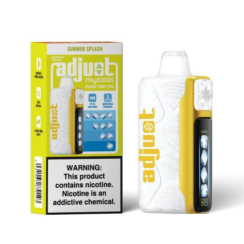 Adjust MyCool Disposable Nicotine Vape with Summer Splash flavor, featuring 40K puffs and customizable levels.