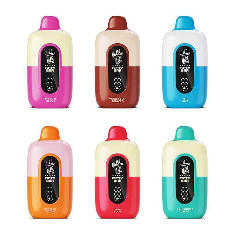 Hidden Hills x Fifty Bar vape flavors collection: Pink Cloud, Vanilla Bean, Yeti, Mango, Lava, and Strawberry Cream.