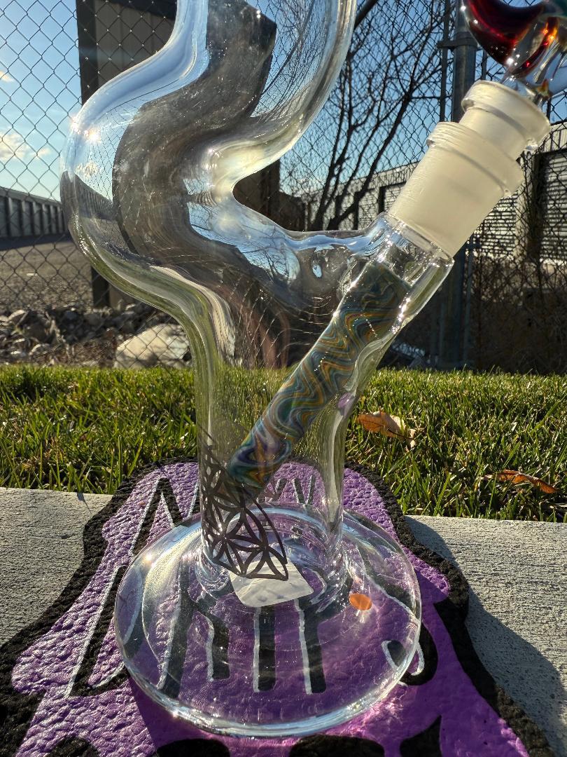 Highgrade Glass Flower Straight Tube - Rainbow & Amber Wig Wag Color Color Accent Pistol Loop 14mm 45°