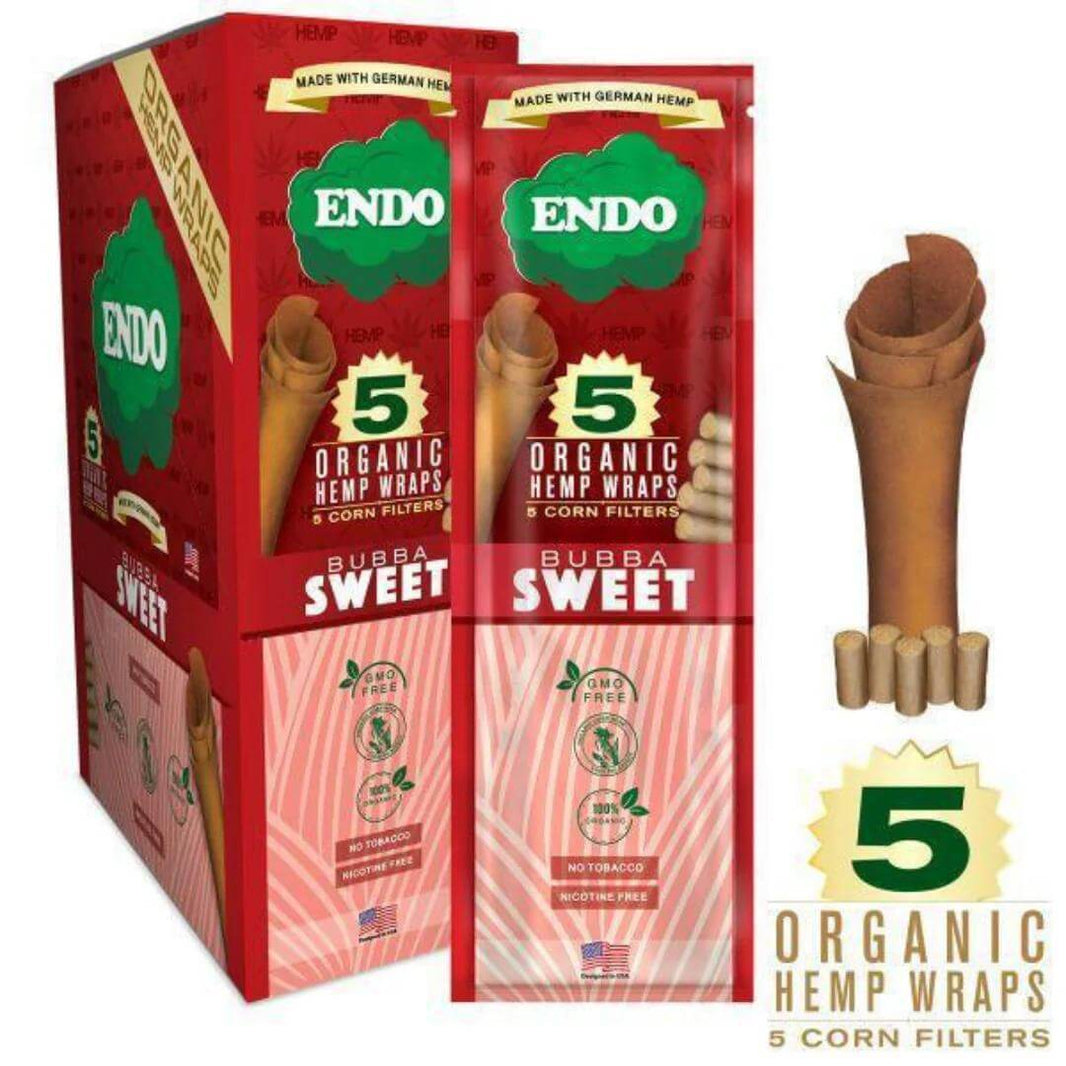 Endo Organic Hemp Wraps 5 pack featuring Bubba Sweet flavor, made from 100% organic German hemp for a smooth smoking experience.