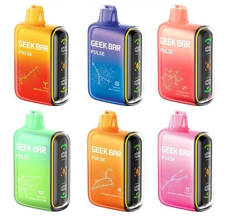 Geek Bar Pulse 15K Disposable Vape Zodiac Edition in vibrant colors with cosmic designs and digital display.