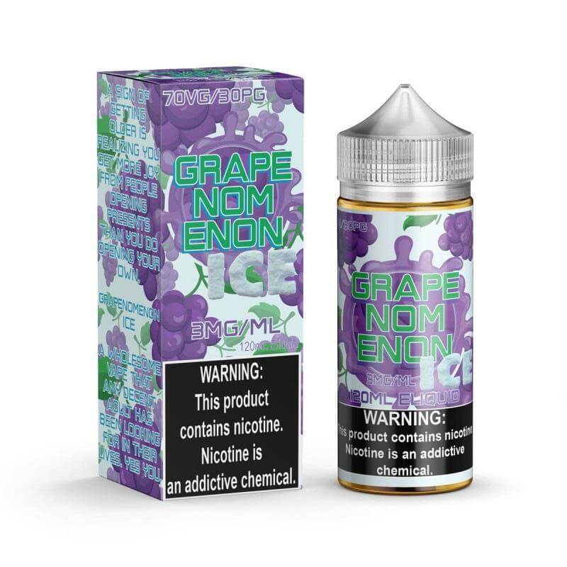 Noms Ice Grape 120ml E-Juice bottle with colorful packaging, showcasing icy grape flavor for a refreshing vaping experience.