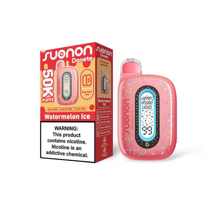 Suonon Donete 50k Disposable Vape in Watermelon Ice flavor with vibrant pink design and packaging.
