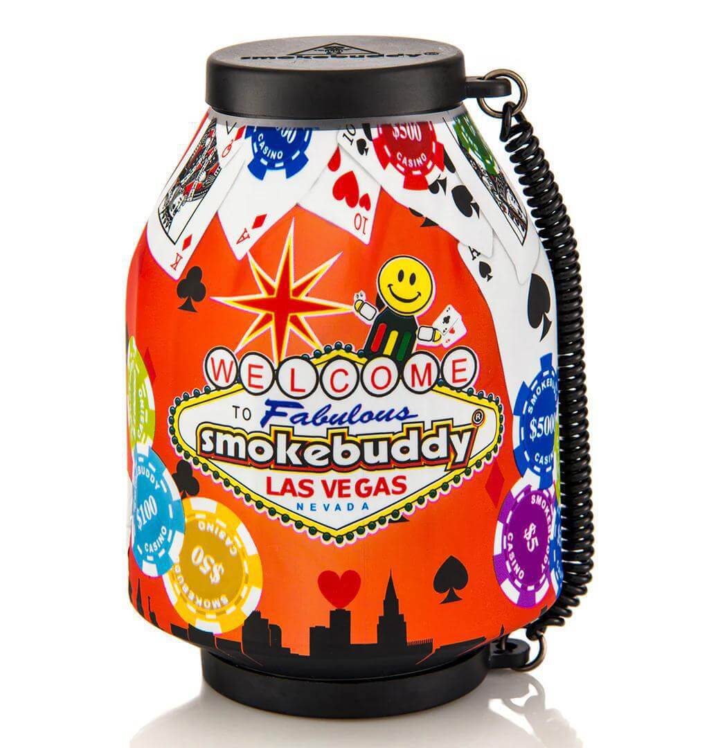 Smokebuddy Original air filter with vibrant Vegas-themed design, featuring playing cards and welcome sign.