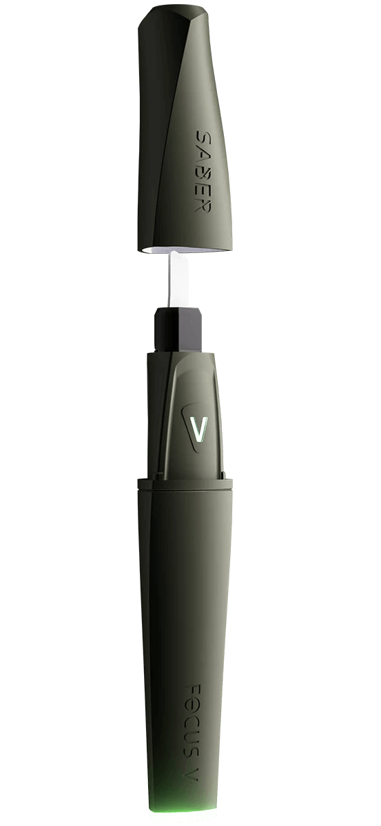 Focus V Saber electronic dab tool in sleek design with removable lid and LED spotlight features.