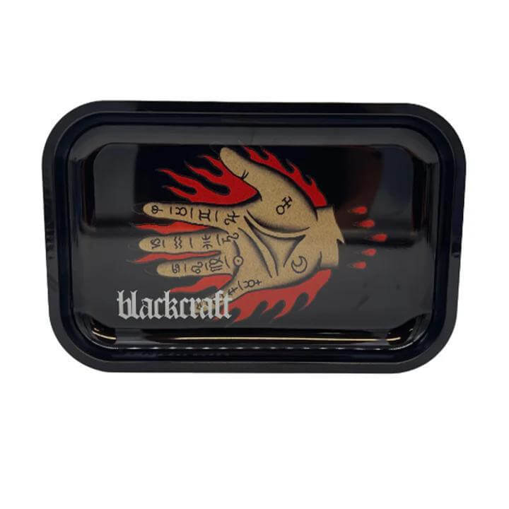 Blackcraft Medium Rolling Tray featuring artistic flame design and logo, measuring 11.3 x 7.4 inches for rolling herbs.