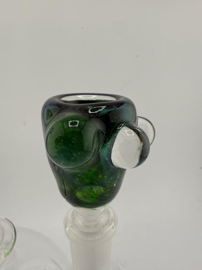 Handcrafted Crondo Glass 14mm bowl piece in green with unique frit work and bubbles, showcasing vibrant colors.