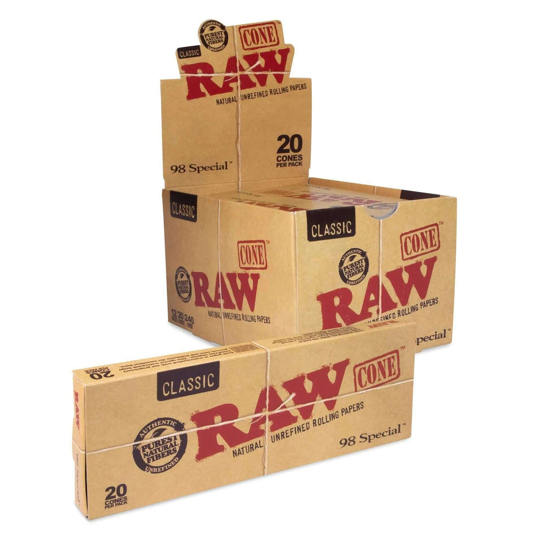 RAW Cones 98 Special 20-Pack box showcasing natural unbleached rolling papers for a premium smoking experience.