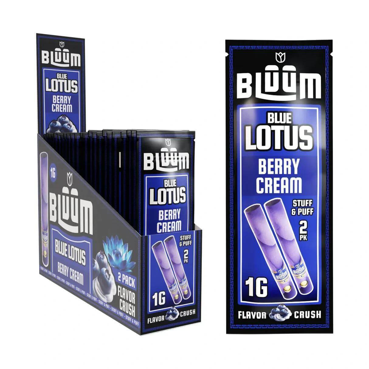 Bluum Blue Lotus Berry Cream mini rolls packaging display, featuring 2 pack, 1g cones for a flavorful smoking experience.