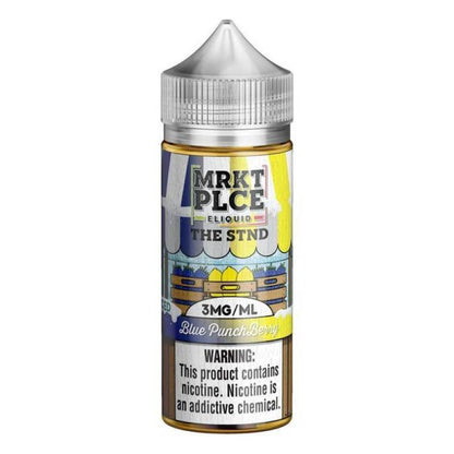 MRKT Place Blue Punch Berry eJuice 100ml bottle with menthol flavor, featuring vibrant packaging and nicotine warning.