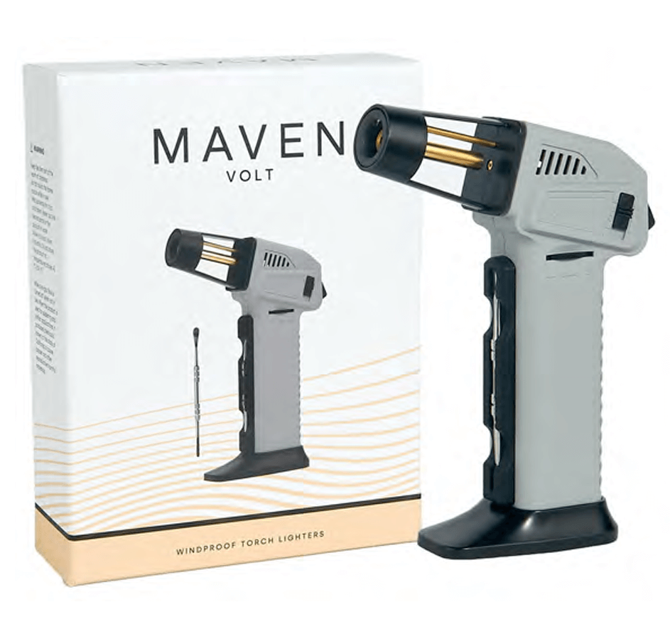 Maven Volt Butane Torch with adjustable flame and safety features in grey color, shown with packaging.