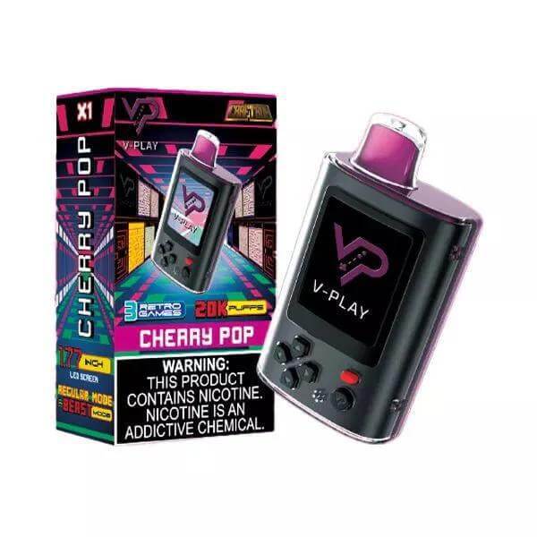 V Play Retro 20k Disposable Vape in Cherry Pop flavor with retro gaming design and packaging.