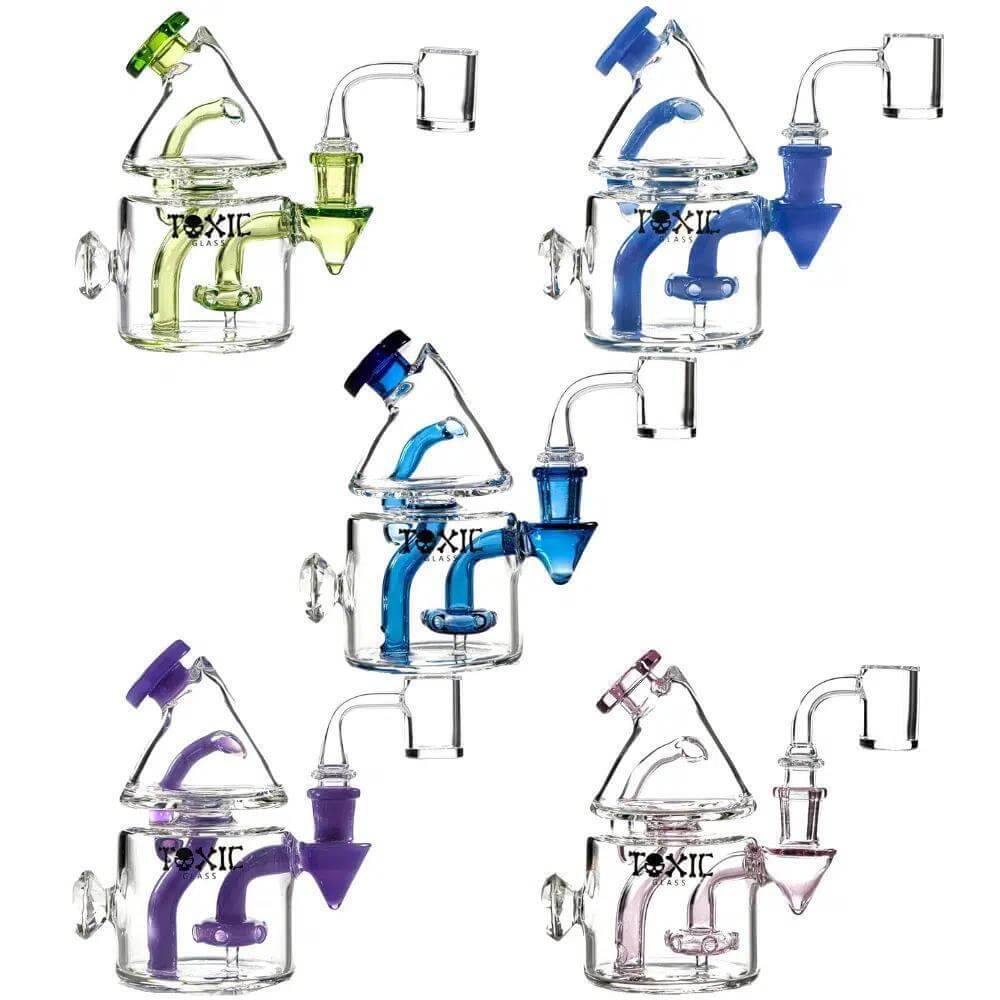 Collection of Toxic Glass 6" Cone Recycler Diamond Rigs in various colors showcasing unique designs and functionality.