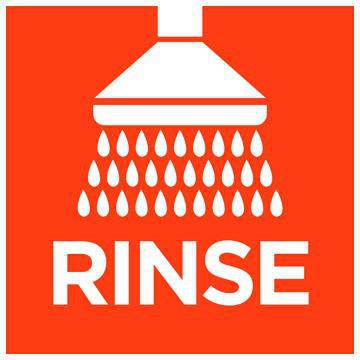 Icon showing a rinse shower head with water droplets and the word 'RINSE' for cleaning instructions.