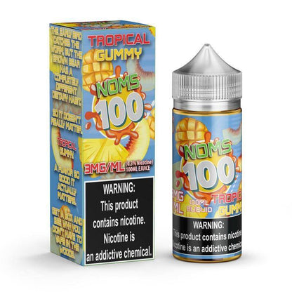 NOMS 100 Tropical Gummy vape juice bottle and box, 100ml e-liquid with rich tropical flavors.