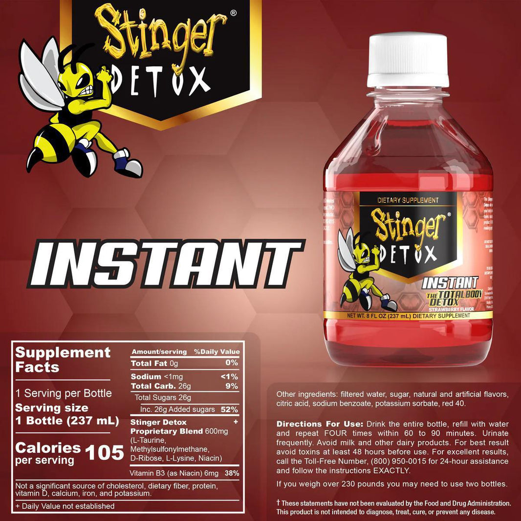 Stinger Detox Instant bottle showcasing its all-natural detox benefits and supplement facts in a vibrant design.