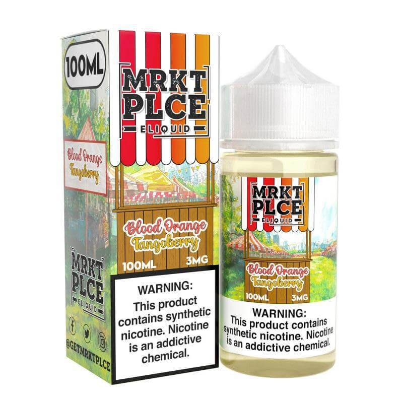 MRKT Place 100ml Blood Orange Tangoberry e-liquid bottle and box, featuring a vibrant design and warning labels.