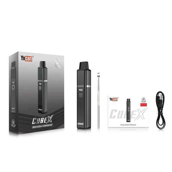 Yocan Cubex Vaporizer kit including device, instruction manual, cleaning tool, and charging cable.