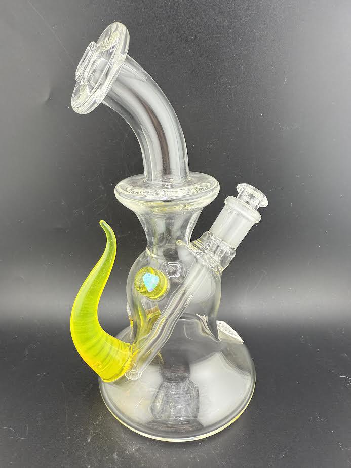 Pugsley Glass Bent Neck Clear Rig w/ Colored Horn and Opal Attachment 10mm 45°
