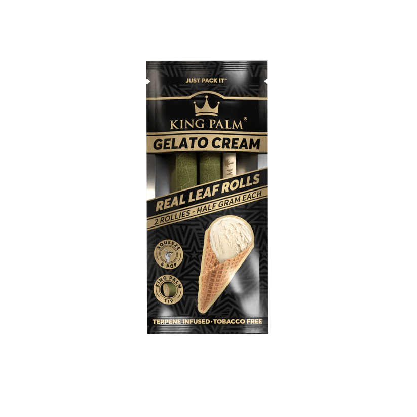 King Palm Gelato Cream Real Leaf Rolls pack featuring two half-gram rollies, terpene-infused and tobacco-free.