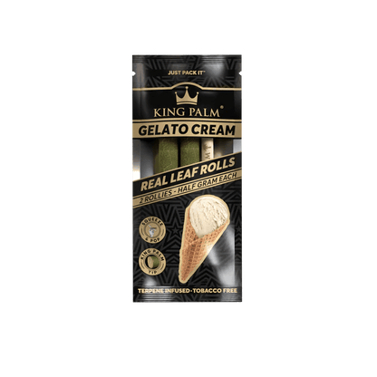 King Palm Gelato Cream Real Leaf Rolls pack featuring two half-gram rollies, terpene-infused and tobacco-free.