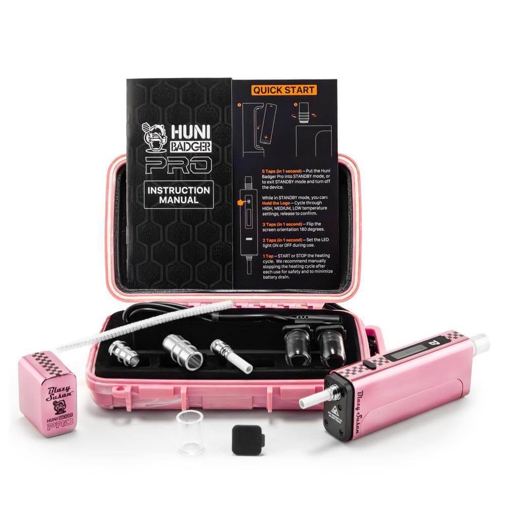 Huni Badger Pro portable device with instruction manual and accessories in pink case for herbal extracts.