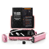 Huni Badger Pro portable device with instruction manual and accessories in pink case for herbal extracts.